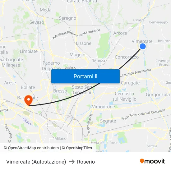 Vimercate (Autostazione) to Roserio map