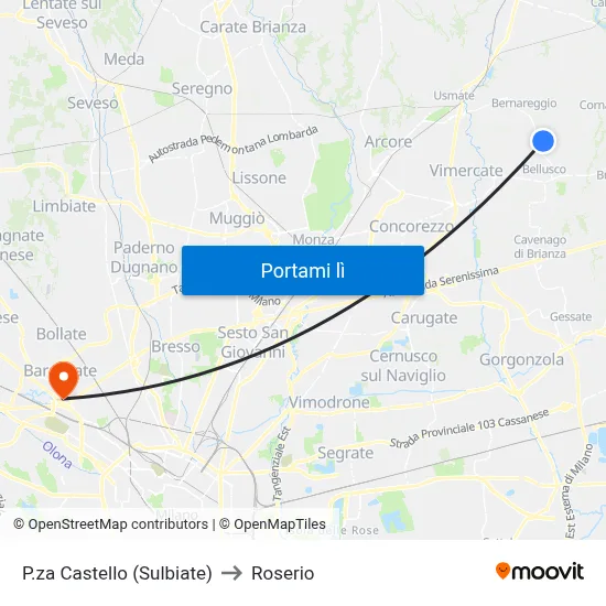 P.za Castello (Sulbiate) to Roserio map