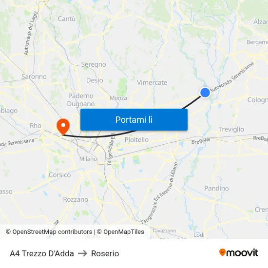 A4 Trezzo D'Adda to Roserio map