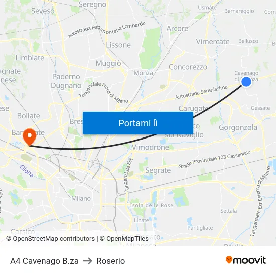 A4 Cavenago B.za to Roserio map