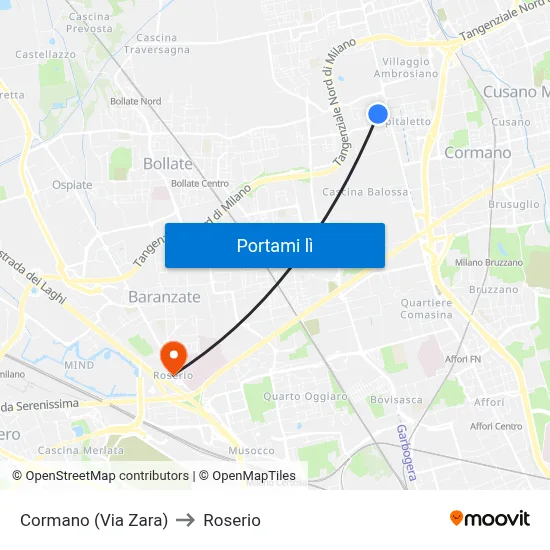 Cormano (Via Zara) to Roserio map