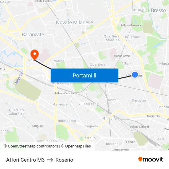 Affori Centro M3 to Roserio map