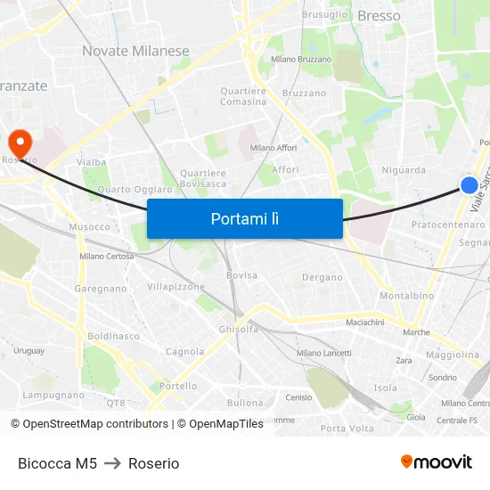 Bicocca M5 to Roserio map
