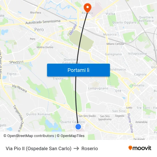 Via Pio II (Ospedale San Carlo) to Roserio map