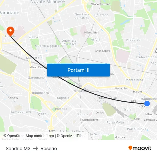 Sondrio M3 to Roserio map