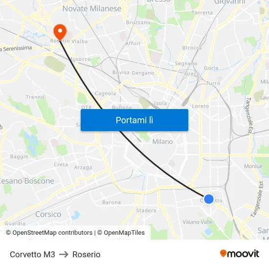 Corvetto M3 to Roserio map