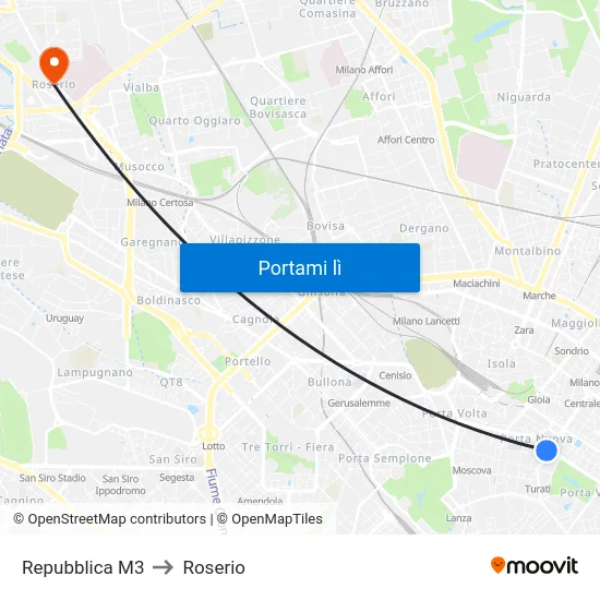 Repubblica M3 to Roserio map