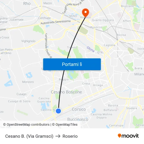 Cesano B. (Via Gramsci) to Roserio map