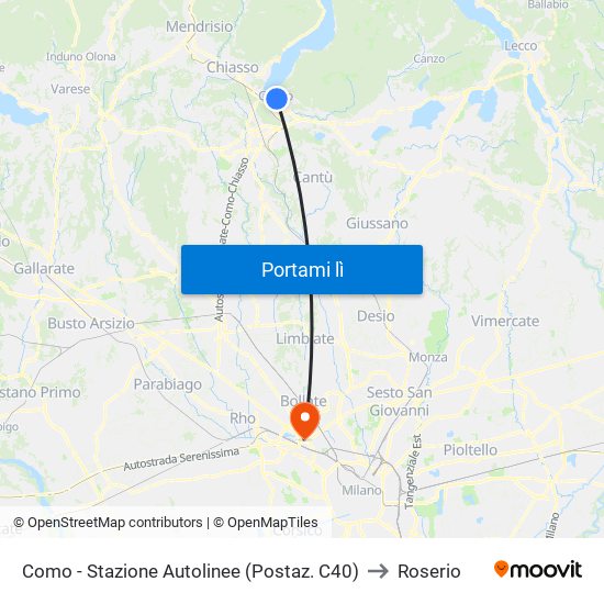 Como - Stazione Autolinee (Postaz. C40) to Roserio map