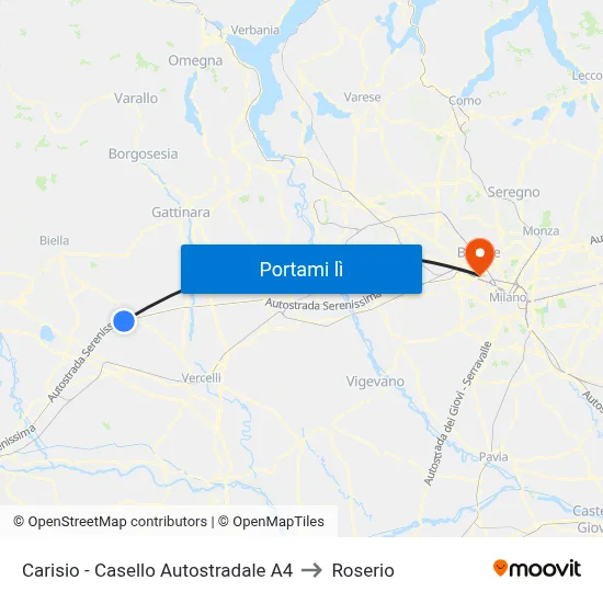 Carisio - Casello Autostradale A4 to Roserio map