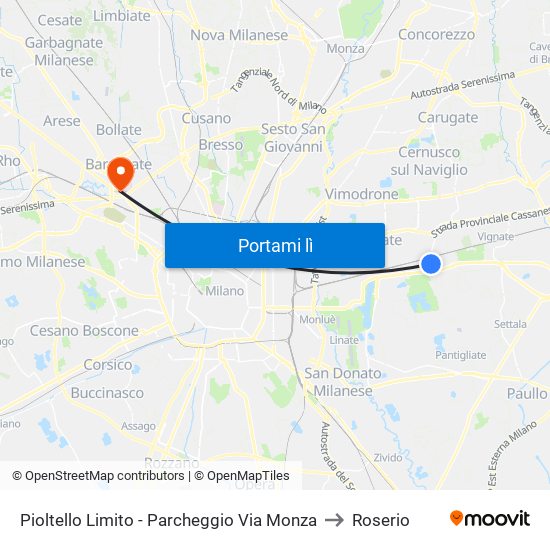 Pioltello Limito - Parcheggio Via Monza to Roserio map