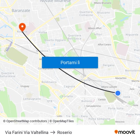 Via Farini Via Valtellina to Roserio map