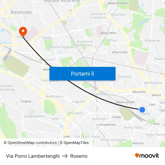 Via Porro Lambertenghi to Roserio map