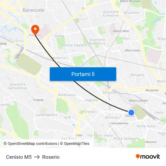 Cenisio M5 to Roserio map