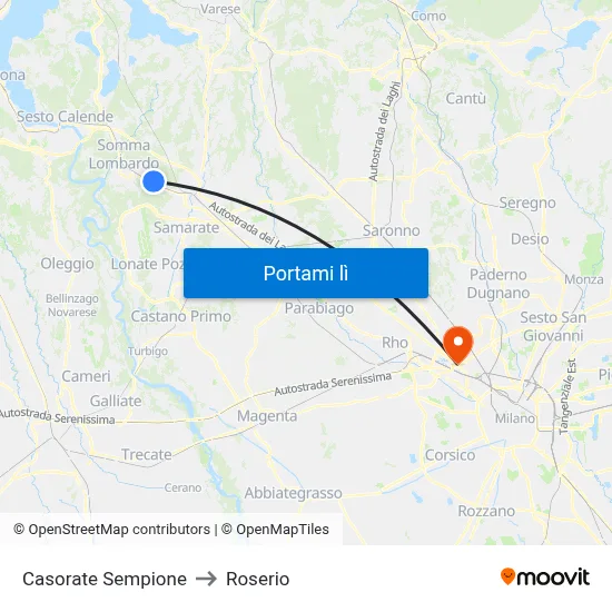 Casorate Sempione to Roserio map