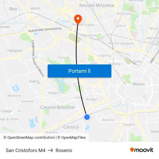 San Cristoforo M4 to Roserio map