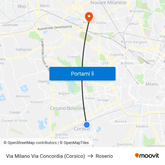 Via Milano Via Concordia (Corsico) to Roserio map