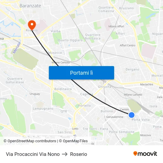 Via Procaccini Via Nono to Roserio map