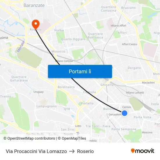 Via Procaccini Via Lomazzo to Roserio map