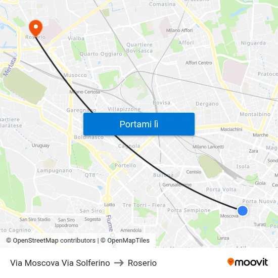 Via Moscova Via Solferino to Roserio map