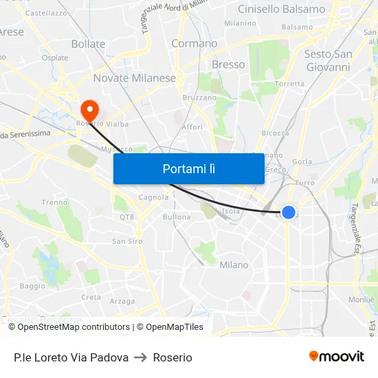 P.le Loreto Via Padova to Roserio map