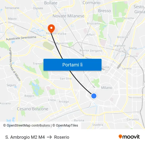 S. Ambrogio M2 M4 to Roserio map