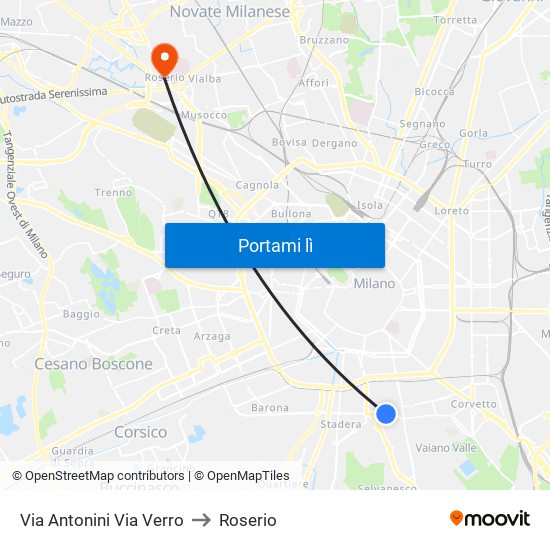 Via Antonini Via Verro to Roserio map