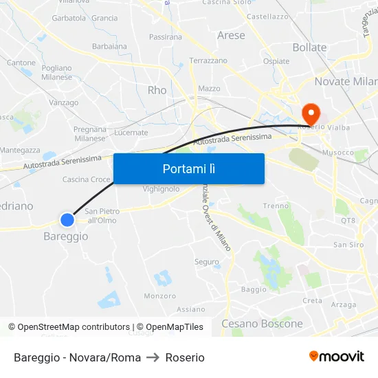Bareggio -  Novara/Roma to Roserio map