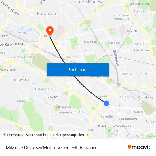 Milano -  Certosa/Monteceneri to Roserio map