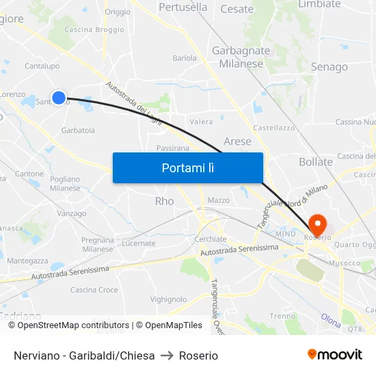 Nerviano -  Garibaldi/Chiesa to Roserio map