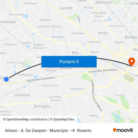 Arluno -  A. De Gasperi - Municipio to Roserio map