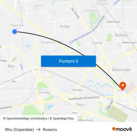 Rho (Ospedale) to Roserio map