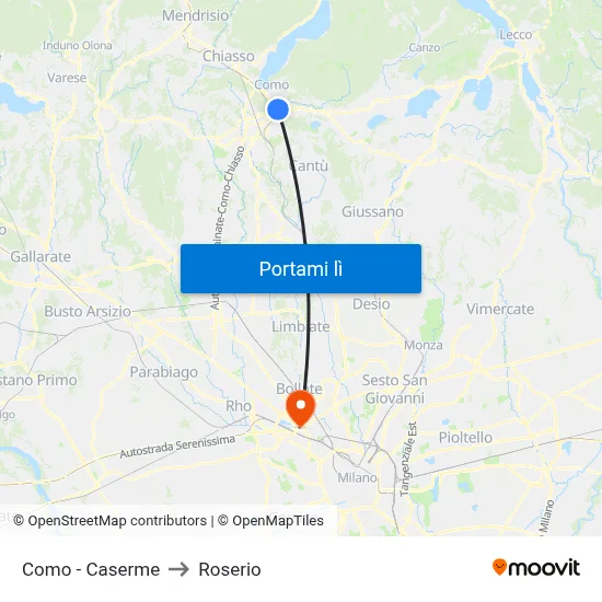 Como - Caserme to Roserio map