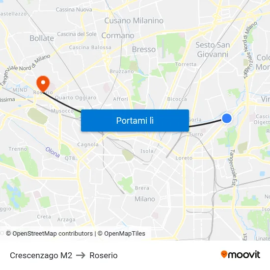 Crescenzago M2 to Roserio map