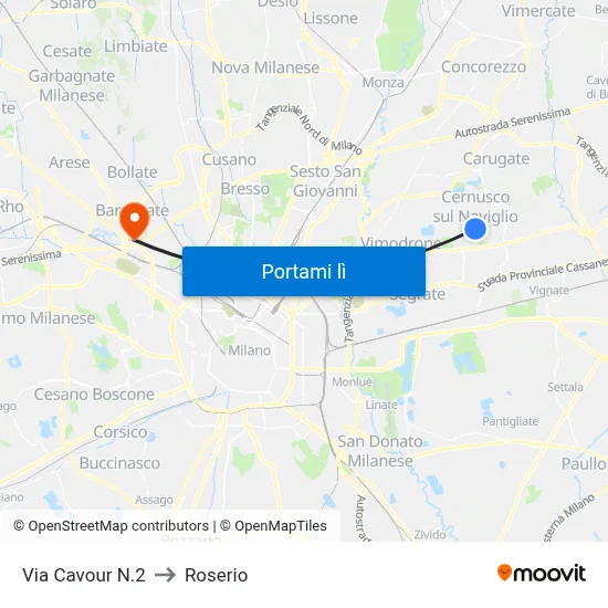 Via Cavour N.2 to Roserio map