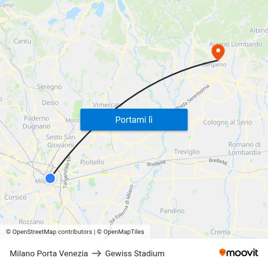 Milano Porta Venezia to Gewiss Stadium map