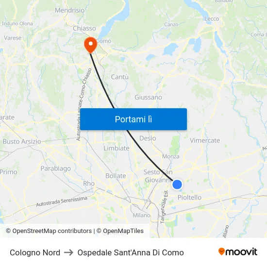 Cologno Nord to Ospedale Sant'Anna Di Como map