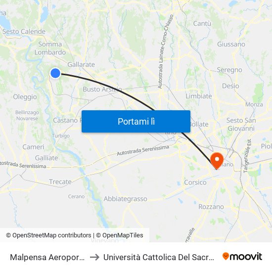 Malpensa Aeroporto T2 to Università Cattolica Del Sacro Cuore map