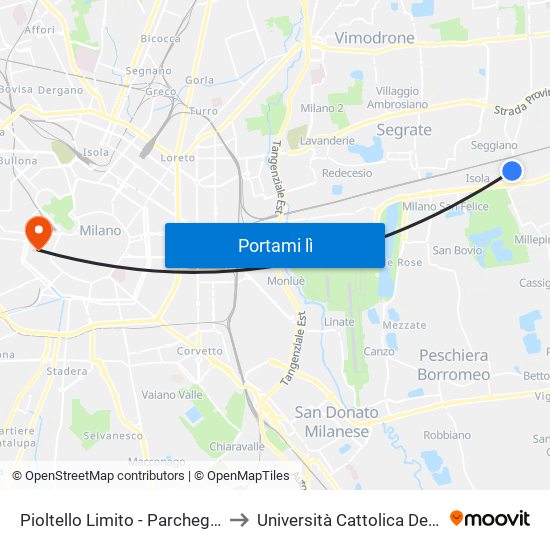 Pioltello Limito - Parcheggio Via Monza to Università Cattolica Del Sacro Cuore map