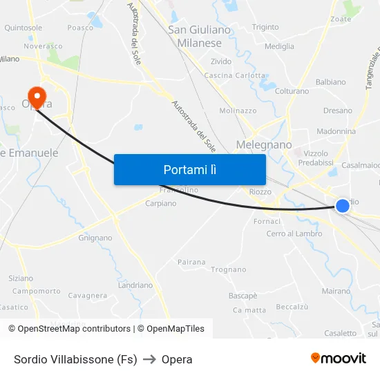 Sordio Villabissone (Fs) to Opera map