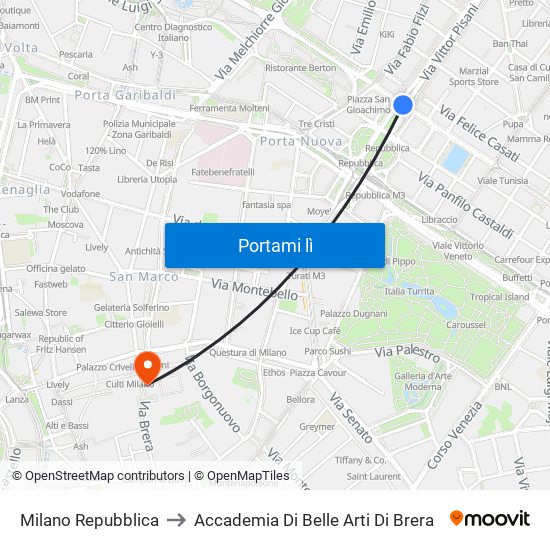 Milano Repubblica to Accademia Di Belle Arti Di Brera map