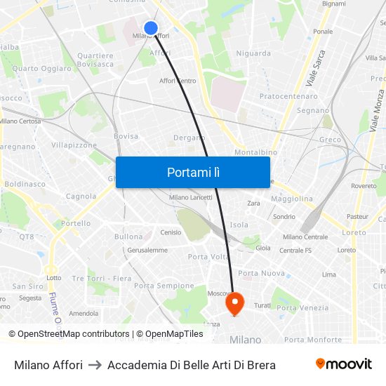 Milano Affori to Accademia Di Belle Arti Di Brera map