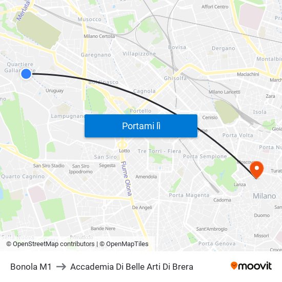 Bonola M1 to Accademia Di Belle Arti Di Brera map