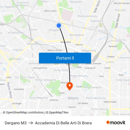 Dergano M3 to Accademia Di Belle Arti Di Brera map