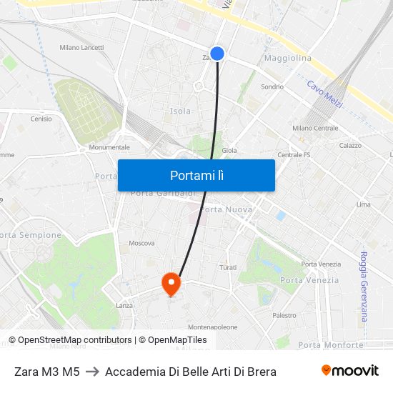 Zara M3 M5 to Accademia Di Belle Arti Di Brera map