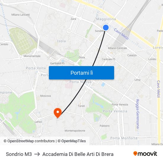 Sondrio M3 to Accademia Di Belle Arti Di Brera map