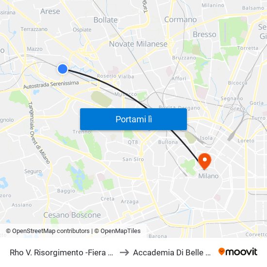 Rho V. Risorgimento -Fiera (Staz. FS - M1) to Accademia Di Belle Arti Di Brera map