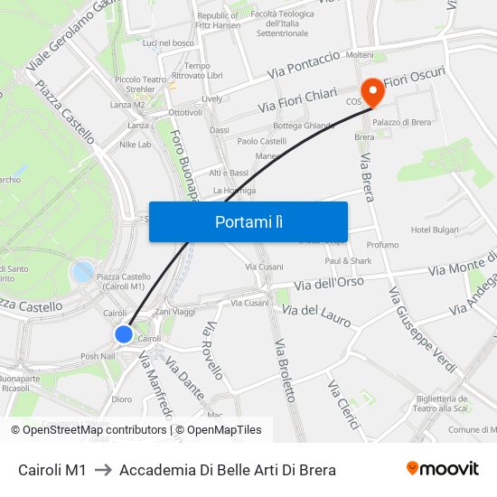 Cairoli M1 to Accademia Di Belle Arti Di Brera map