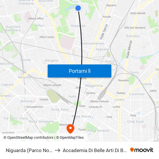 Niguarda (Parco Nord) to Accademia Di Belle Arti Di Brera map