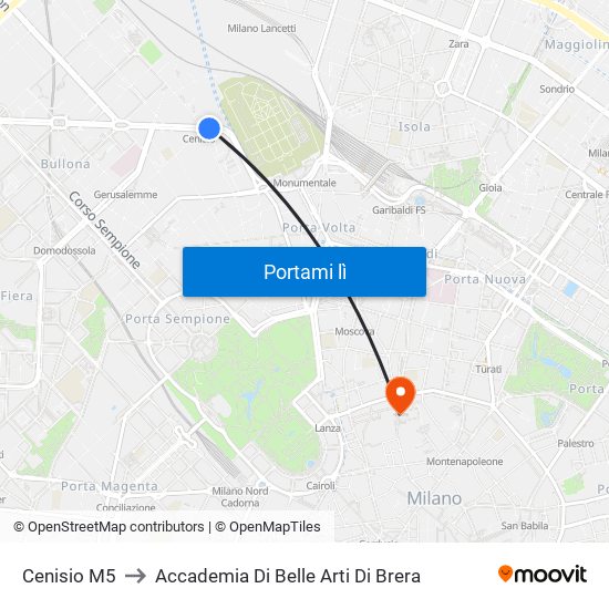 Cenisio M5 to Accademia Di Belle Arti Di Brera map